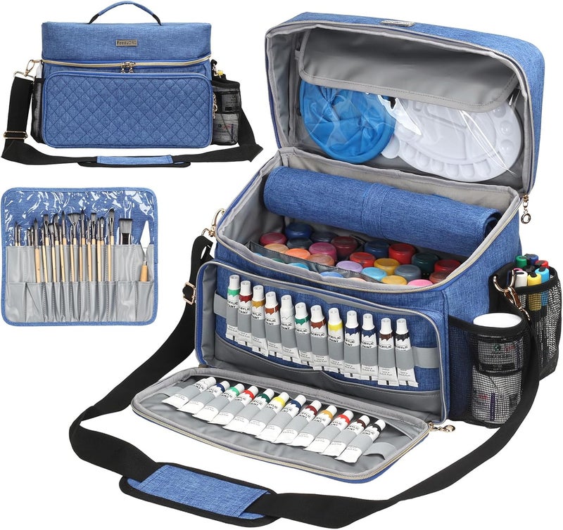 POCDUORG Store Art Supplies Organizer Storage Bag with Detachable Paint Brush Holder & Partition - Carrying Case for Home/Travel/Outdoor Fits Marks, Acrylic Paint, Palettes, Folding Buckets, Portfolios (Pro Blue) - Image 1